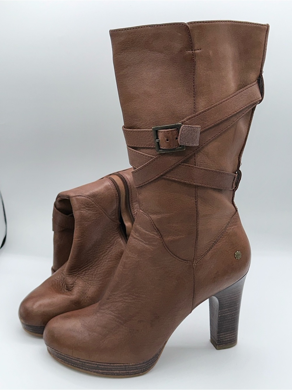 UGG Jardin brown leather mid-calf platform boots High Heel Size 9  AA27